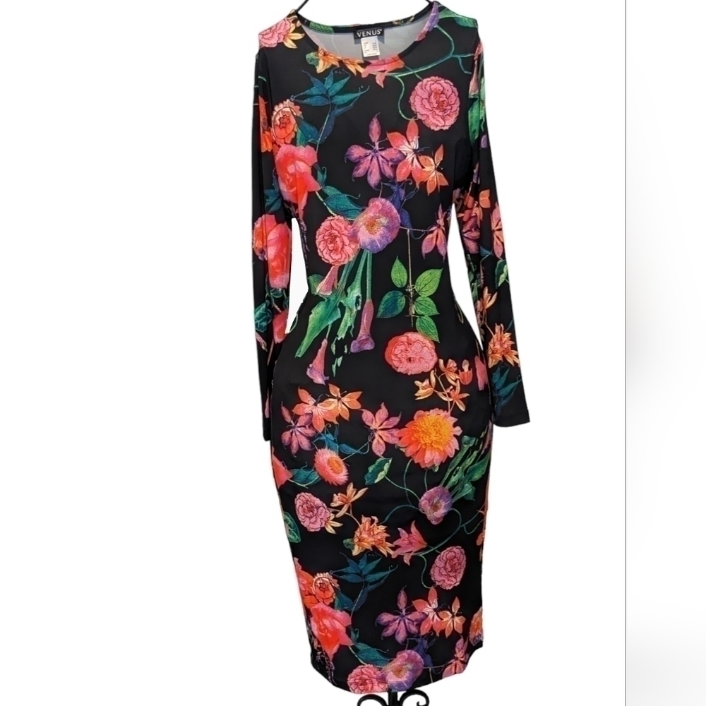 Venus Black Pink Green Floral Long Sleeve Bodycon Midi Dres size S